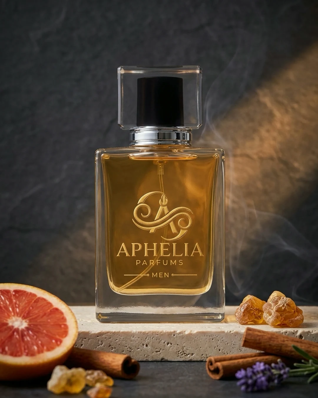 Aphelia Parfums şişesi ve nota malzemeleri